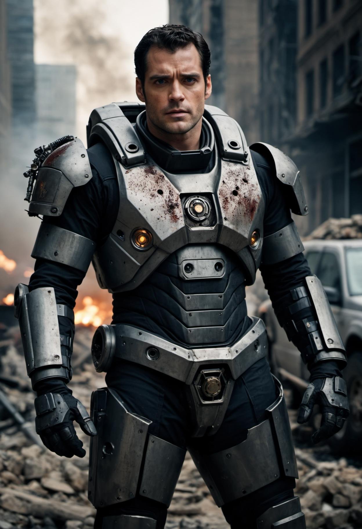 cinematic film still, darkly moody professional photograph,   (man in intricately detailed heavy duty mech suit,  pistons, armor plating, heavy weapons:1.4) , black hair, stubble, grim expression, (dirty face:1.4), (henry cavill|hugh jackman:1.3), (sweaty, dirty, filthy, dried blood:1.3), (explosions, ruined futuristic city, fighting everywhere, rubble, scorch marks,  bullet holes:1.5), dynamic angle, professional,  moody cinematic lighting,  highly detailed, high budget, bokeh, cinemascope, moody, epic, gorgeous,