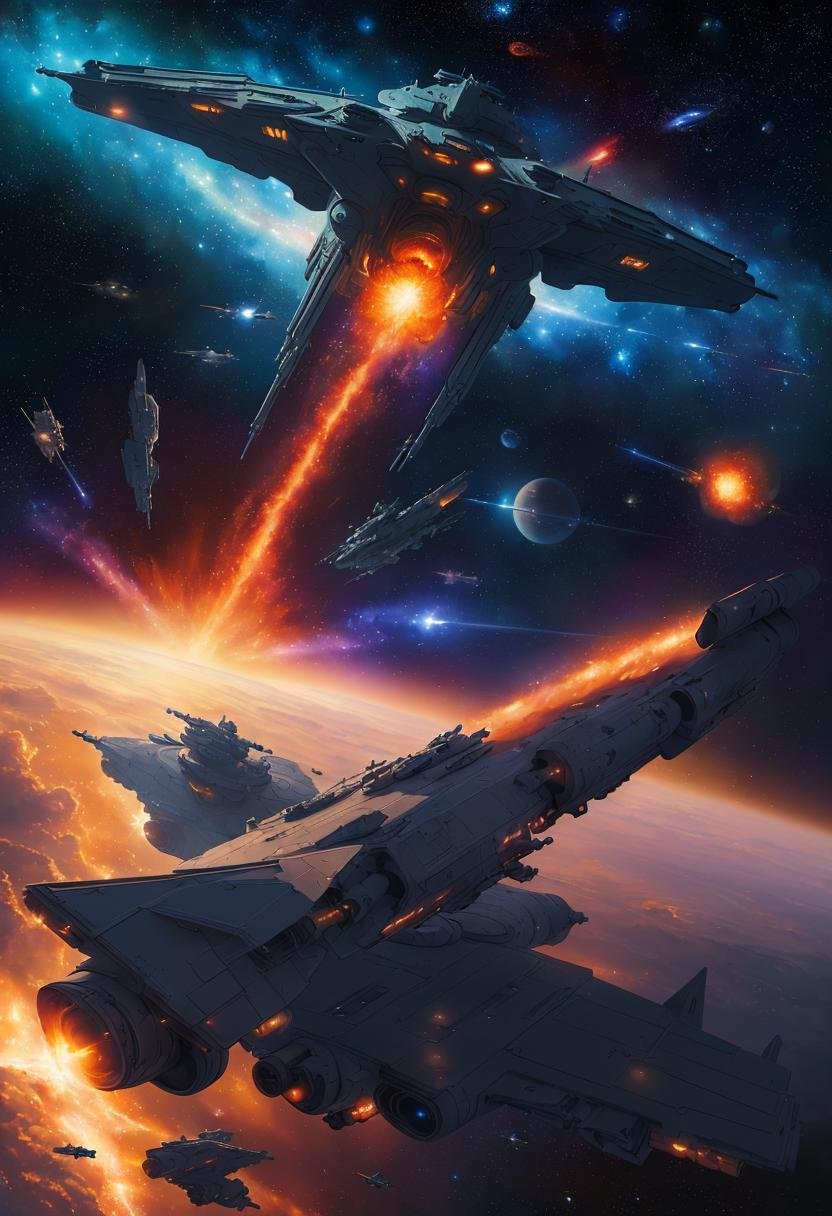 ((best quality)), ((masterpiece)), ((ultra realistic)), beautiful intricately detailed soft oil painting of a scifi space battle, star fighters, huge looming capital ship, lasers, heavy weapons fire, explosions, gas-giant planet background, sea of stars, milkyway, (comic style)