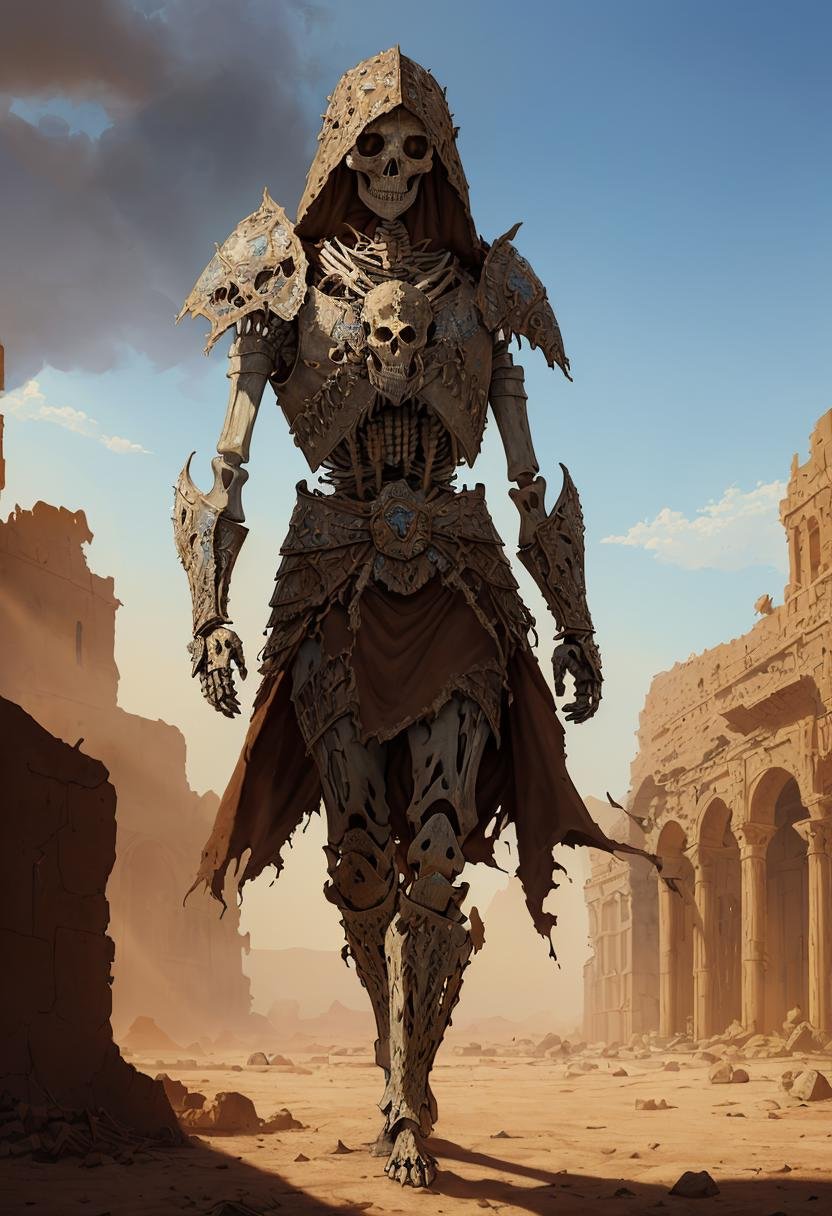 ((best quality)), ((masterpiece)), ((ultra realistic)), beautiful intricately detailed soft oil painting of a skeleton warrior standing in the desert ruins, intricately detailed rusted armor, torn shreds of cloth, sandstorm, terrifying skull with glowing eyes, old crumbling ancient buildings, diffuse lighting, (comic style),