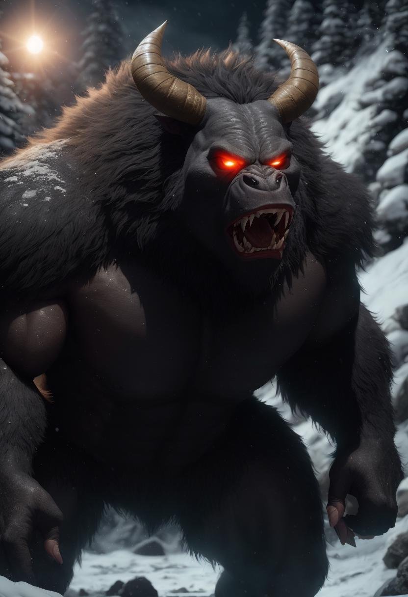 ((best quality)), ((masterpiece)), ((ultra realistic)), ((night)), RAW, Analog, dark , ((full body shot of a giant angry ogre)), terrifying detailed monstrous face, long horns, ((fur covered body, dark gray skin)), muscular body, on a snowy mountainous pass, moonlight, photographed on a Canon EOS R5, 50mm lens, F/2.8, HDR, 8k resolution, highres, high detail, sharp focus, smooth, roughness, real life, photorealism, photography, 8k uhd, backlit, hard edge lighting, deep shadows