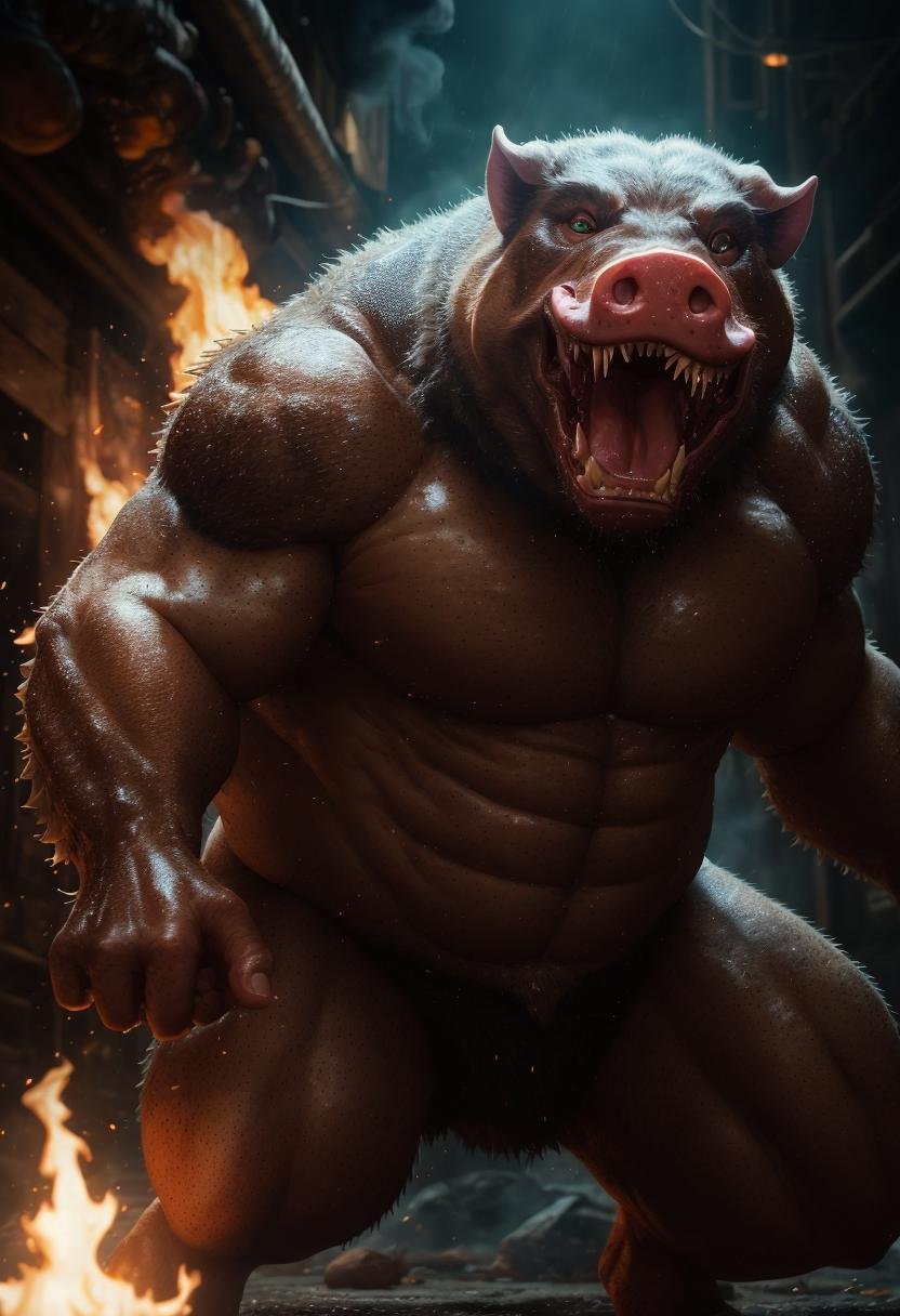 ((best quality)), ((masterpiece)), ((ultra realistic)), ((night)), (dynamic action pose), full body, RAW, Analog, intricately detailed moist pig headed humanoid male monster wearing a loin cloth, fat body, flabby, ((bald)), (leather armor)) sweaty, sharp teeth, (((snarling))), cavernous eyes, ((in a burning tavern)), (diffuse smoke), ((destruction)), professional, masterpiece, cinematic lighting, photographed on a Canon EOS R5, 50mm lens, F/2.8, HDR, 8k resolution, highres, high detail, sharp focus, smooth, roughness, real life, photorealism, photography,