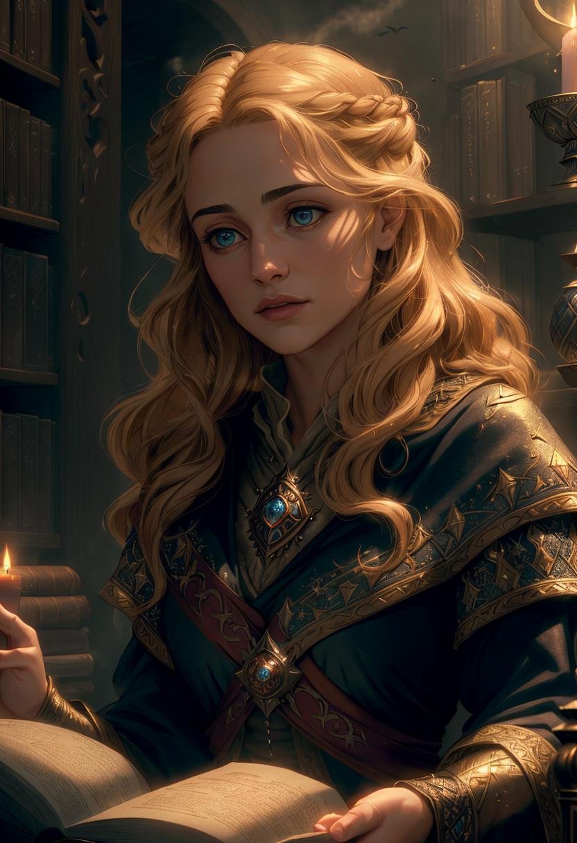 ((best quality)), ((masterpiece)), ((ultra realistic)), ((dark fantasy style)), beautiful intricately detailed soft oil painting of a gorgeous sorceress searching a bookshelf in a spacious arcane library, dressed in Intricately embroidered robe, (magical energies floating everywhere through the air:1.3), dark, musty, candle light, masterpiece, realistic, roughness, ultra realistic, masterpiece, realistic, roughness, hard edge lighting,  professional, soft volumetric lighting, depth of field, film grain, smooth, roughness, real life, cinematic film still from lord of the rings|game of thrones|vikings