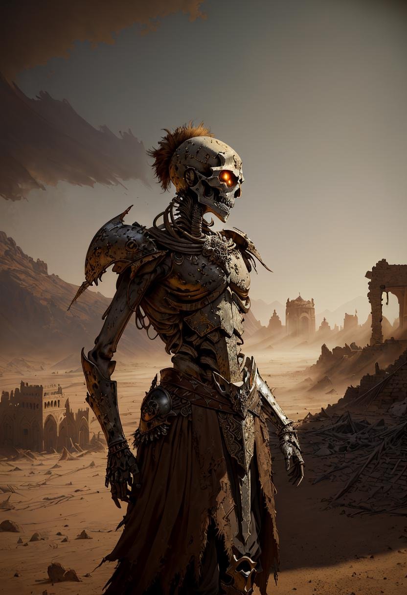 ((best quality)), ((masterpiece)), ((ultra realistic)), ((dark fantasy style)),  beautiful intricately detailed soft oil painting of a skeleton warrior standing in the desert ruins, intricately detailed rusted armor, torn shreds of cloth, sandstorm, terrifying skull with glowing eyes, old crumbling ancient buildings, diffuse lighting, dust devils, vast distant sand storm, 