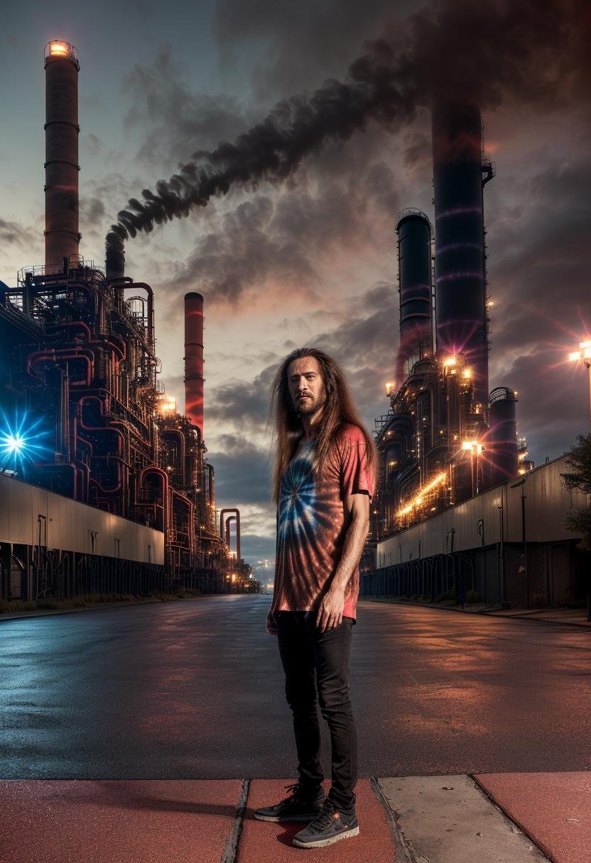 ((best quality)), ((masterpiece)), ((ultra realistic)), (dark), award winning glamor photograph, (1man, body shot, long haired hippy, tie dye t shirt, standing on the sidewalk:1.4) , sprawling industrial complex background,  at night, (industrial gasoline processing plant background:1.3), (towering chimneys:1.4), masterpiece, realistic, roughness, ultra realistic, photographed on a Canon EOS R5, 50mm lens, muted colors, F/2.8, HDR, 8k resolution, highres, high detail, sharp focus, dynamic angle, smooth, roughness, real life, photorealism, photography, 8k uhd, (amber red and black color palette:1.5)