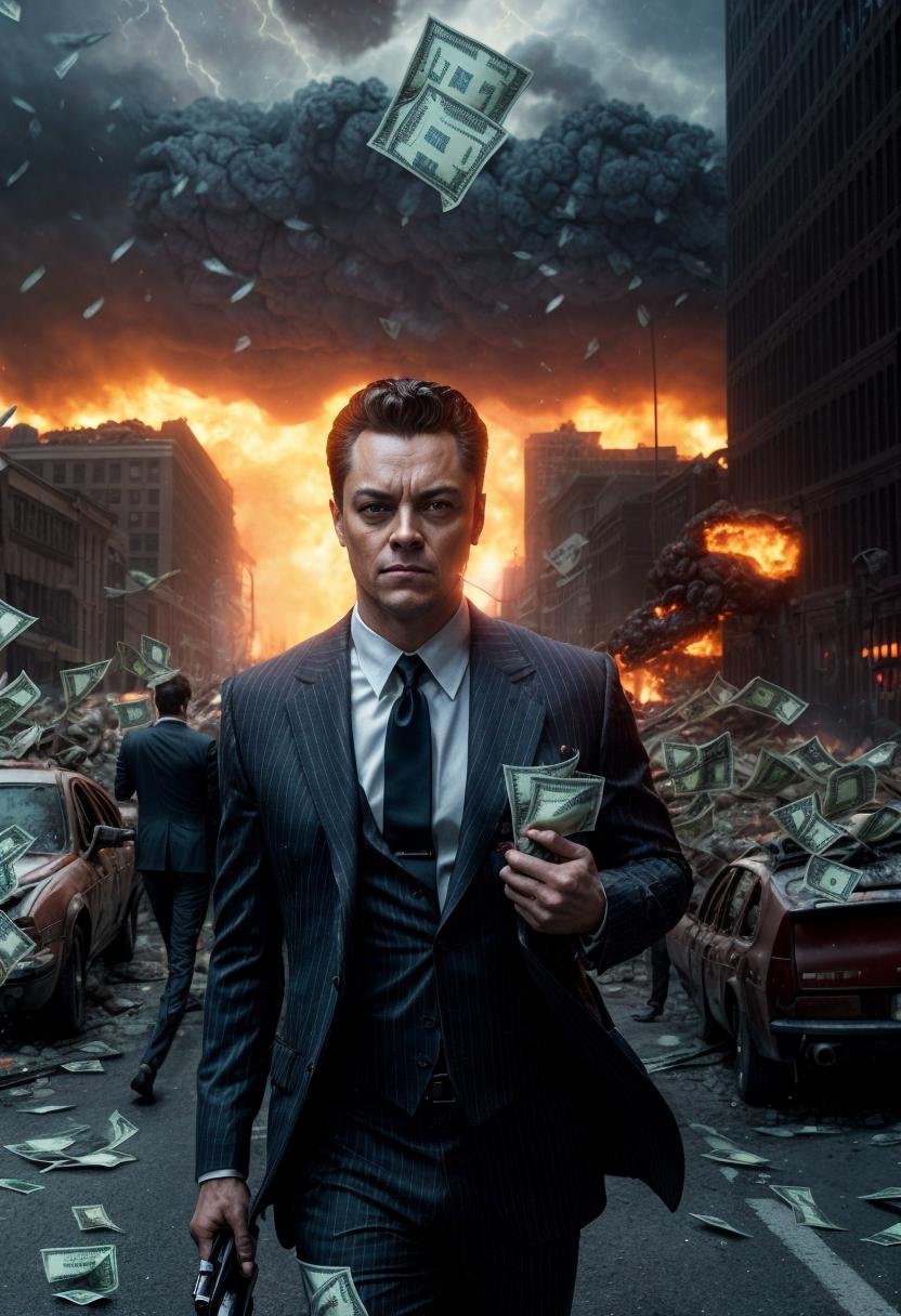 ((best quality)), ((masterpiece)), ((ultra realistic)), (dark), award winning glamor photograph, a prim dapper business man smugly holding a wad of cash as the world burns behind him, full body shot, crumbling buildings, fire and brimstone, (cash falling from the sky, dollar bills, money everywhere:1.5), self satisfied expression, smug, selfish, wailing masses fill the street of a burning city, (apocalypse, total destruction, :1.4), depth of field, masterpiece, realistic, roughness, ultra realistic, photographed on a Canon EOS R5, 50mm lens, vibrant colors, F/2.8, HDR, 8k resolution, highres, high detail, sharp focus, dynamic angle, smooth, roughness, real life, photorealism, photography, 8k uhd, cinematic film still from the end of days|wolf of wall street|reservoir dogs