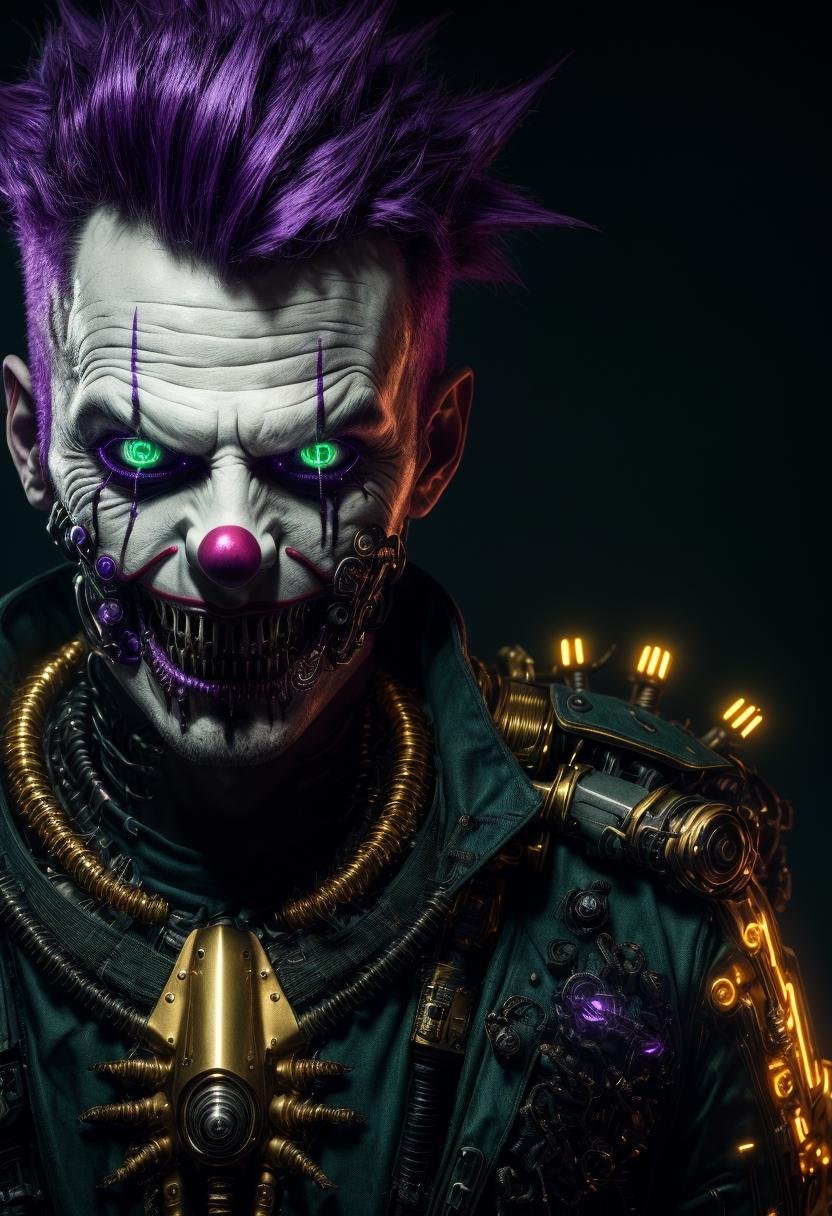 ((best quality)), ((masterpiece)), ((ultra realistic)), ((dark fantasy style)), (1man:1.3), (night),  majestic intricately detailed soft oil painting, close up facial portrait, a maniac cyberpunk punk, (intricately detailed cybernetic augmentation, green and purple mohawk, robotic implants,  reflective golden plating, gold teeth:1.3), (manic evil grin:1.2), (clown makeup:1.3), in the dark rain washed city street, dramatic cinematic lighting, neon edge lighting, professional, dramatic lighting, (backlit:1.2), hard edge lighting, cold muted  colors