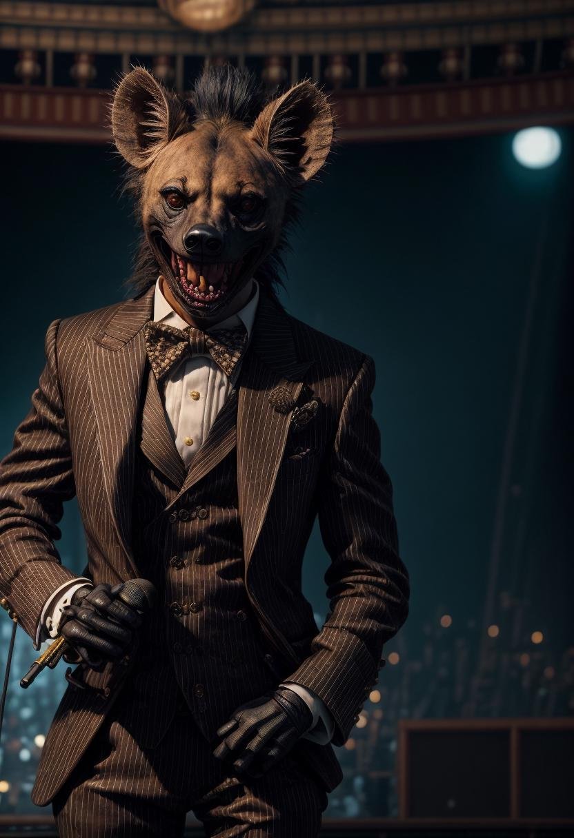 ((best quality)), ((masterpiece)), ((ultra realistic)), (dark), award winning glamor photograph, (anthropomorphic, 1man with a hyena head, body shot, (bipedal  hyena wearing a suit standing on stage at the ritz:1.1), humanoid, holding a microphone:1.4), crazy grin, wild eyes,( laughing:1.2), crowd of unhappy onlookers, bad jokes, ((mic stand:1.2), flashy pinstripe suit, waistcoat, Dickie Bow:1.3), depth of field, masterpiece, realistic, roughness, ultra realistic, photographed on a Canon EOS R5, 50mm lens, muted colors, F/2.8, HDR, 8k resolution, highres, high detail, sharp focus, dynamic angle, smooth, roughness, real life, photorealism, photography, 8k uhd, cinematic film still from ghostbusters