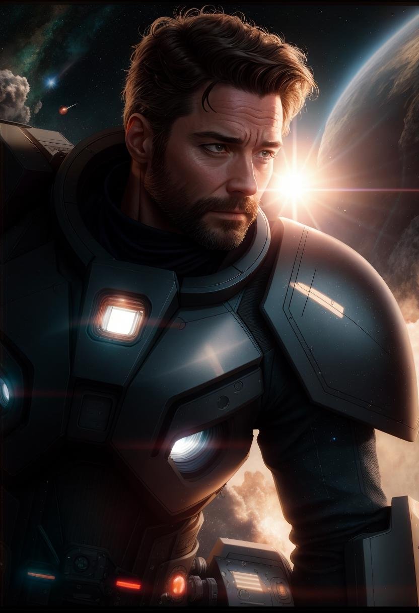 ((best quality)), ((masterpiece)), ((inked)),  majestic intricately detailed soft oil painting by jim lee, 1man, a handsome starship captain, (Henry Cavill:0.7)|Hugh Jackman|Russell Crowe, well fitting futuristic space commander uniform, stubble, on the bridge of  an advanced space faring war ship, high tech computers,, crew in the background, film grain, soft edge lighting, photographed on a Canon EOS R5, 50mm lens, F/2.8, HDR, professional, backlit, high contrast, (deep shadows:1.5), warm vibrant colors, lens flare, 