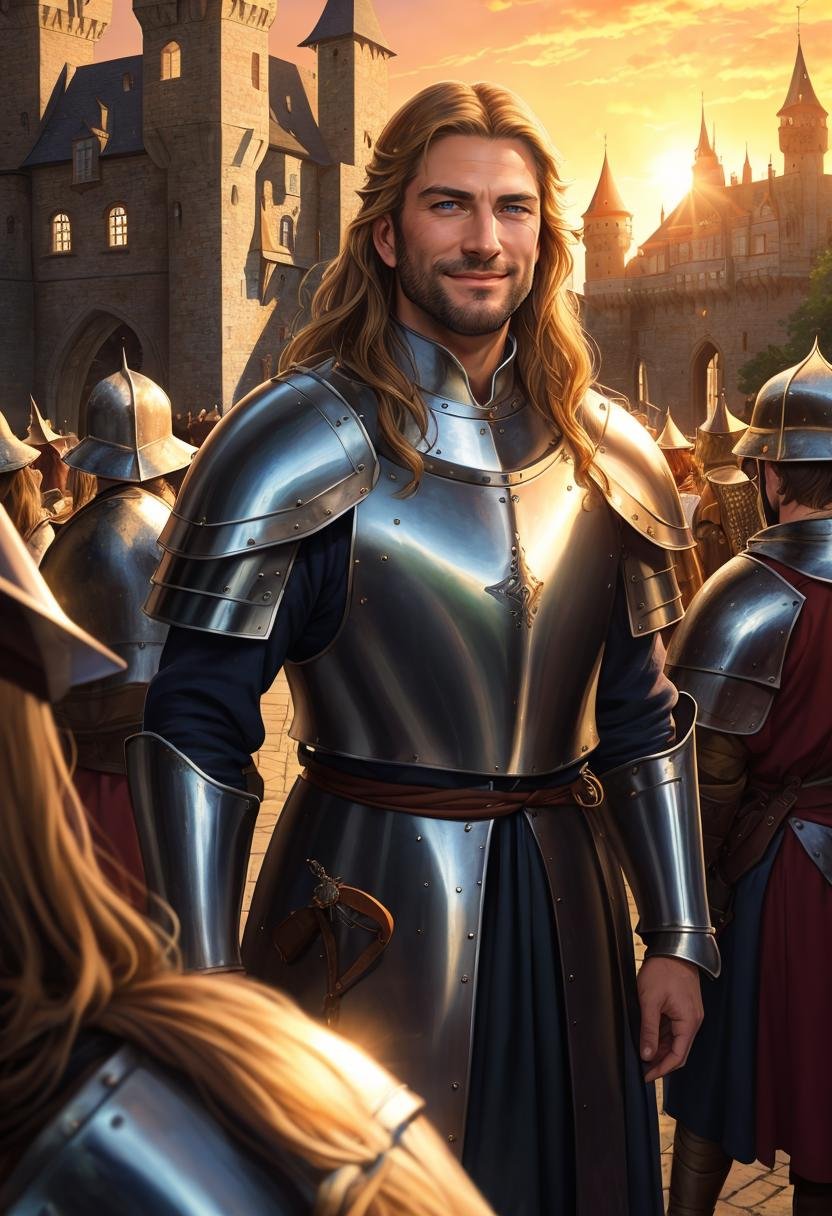 ((best quality)), ((masterpiece)), ((ultra realistic)), beautiful intricately detailed soft oil painting, 1man, (body portrait:1.2), a pristine handsome arrogant paladin, (intricately detailed filigreed polished steel plate armor:1.4), stubble, long blonde hair, (detailed eyes, (smug smirk:1.3):1.3),  (busy castle courtyard, medieval setting, crowd of onlookers, peasantry:1.6), (sun set, warm colors:1.2), somber, (backlit:1.3), reflections,,