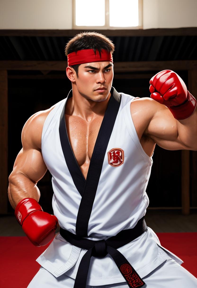 ((dynamic combat stance)),  ((1man, body portrait)), Ryu from street fighter training in a (dojo:1.2), he is topless, wearing a (karate outfit, black belt, red headband, fighting gloves, muscled, huge muscles,  sweaty:1.3), strong, black hair, intense focused eyes, polished wood floor, sparing mats, ((best quality)), ((masterpiece)), ((ultra realistic)), beautiful intricately detailed soft oil painting,