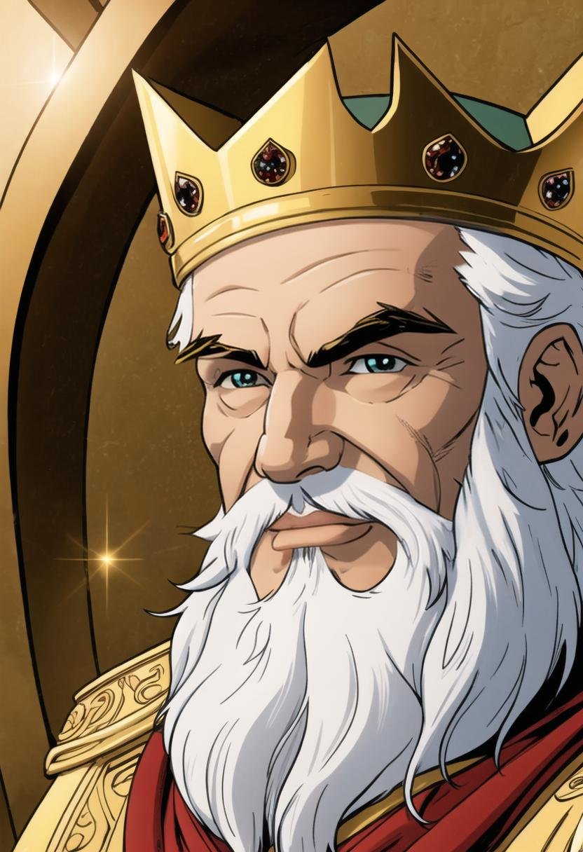 ((ultra detailed, glossy, smooth, comic style)), close up portrait, Elderly Greek benevolent god king, wrinkled skin, (detailed white beard:1.1), bushy eyebrows, glacial eyes, (wise and kind face:1.2), gentle smile, pristine white robes,( ornate bejeweled shining golden crown:1.3), handsome, white marble pantheon