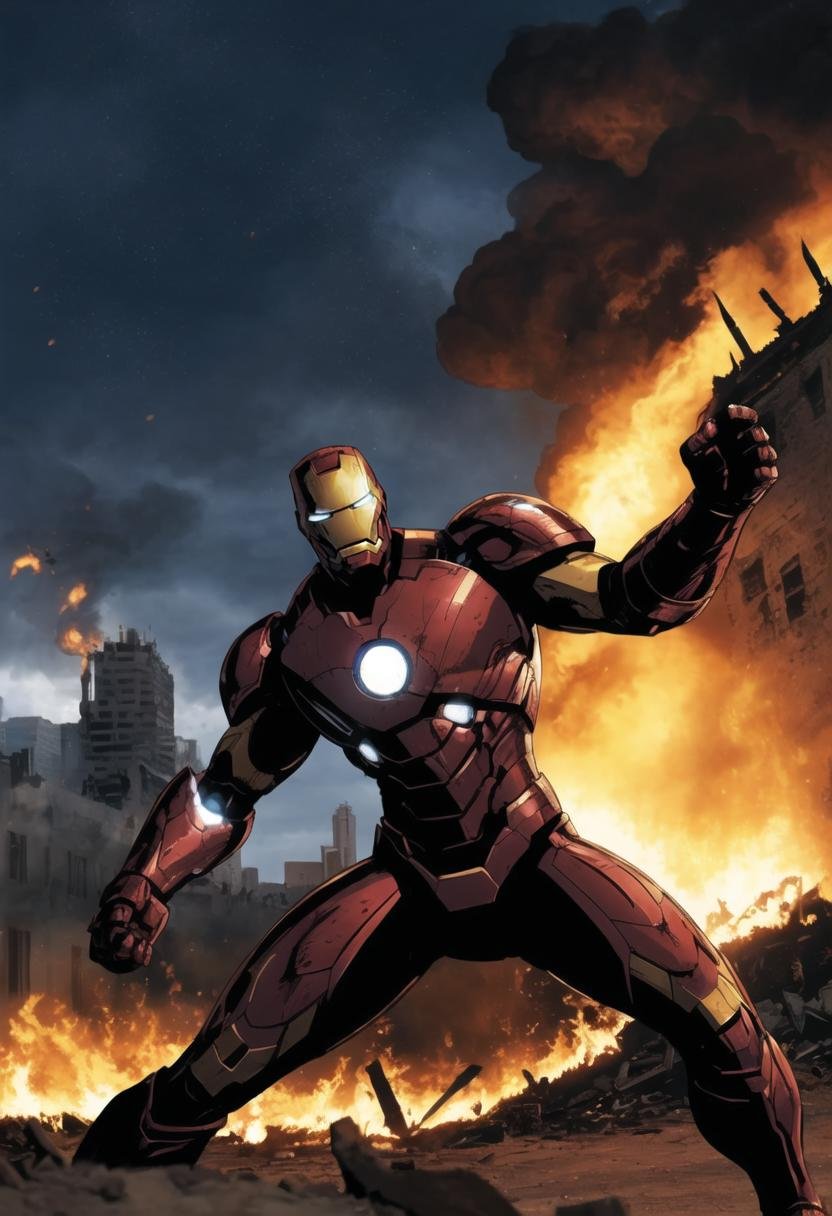 ((ultra detailed, glossy, smooth, comic style)),  low angle shot, Ironman in a middle-eastern battlefield, battle scared armor, scratches, scorch marks, reflections, bullet holes, burning building in the background