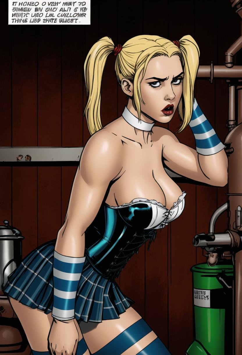 ((ultra detailed, glossy, smooth, comic style)), ((close up upper body shot, low angle, dynamic sexy pose)), night time, 20 year old 1girl, Harley Quinn inside a dark chemical plant, seductive fit figure, (striped, Harley Quinn outfit:1.2), toned body, sweaty, (pleated tartan mini skirt, thigh boots, stripped stockings, corset:1.2) steam rising from vats in the background rubbish, (blonde pigtails:1.2)