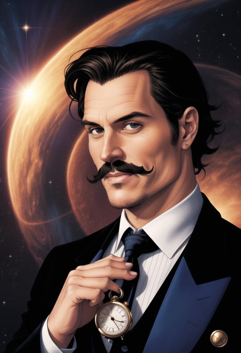 ((ultra intricate details, glossy, smooth, comic style, airbrushed)), (1man), an english businessman wearing a top hat sauntering along the vast and beautiful cosmos, easy smile, mustache, monocle, holding a pocket watch, (professional portrait:1.3), quizzical expression, raised eyebrow, Johnny Depp|henry cavill|Mark Hamill, (fractal galaxies, swirling spiraling rapturous geometric cosmos, breathtakingly beautiful, vibrant colors)