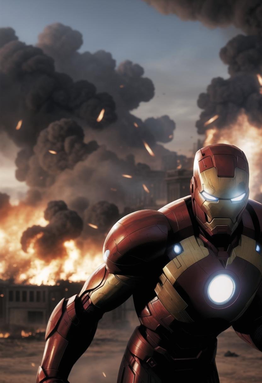 ((ultra intricate details, glossy, smooth, comic style, airbrushed)),   low angle shot, Ironman in a middle-eastern battlefield, battle scared armor, scratches, scorch marks, reflections, bullet holes, burning building in the background