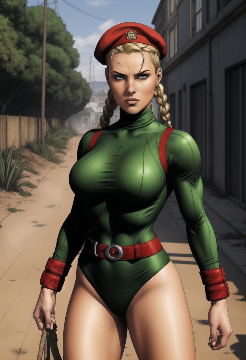 ((ultra intricate details, glossy, smooth, comic style, airbrushed)),  ((dynamic combat stance)), ((body portrait)), (Cammy from street fighter:1.3) walking through a dense jungle, sexy muscled British blonde, (skintight dirty green one piece turtleneck swimsuit, sweaty, filthy:1.2), (covered in dirt:1.4), (waist length blonde braided pigtails:1.3), (crimson military beret, military belt:1.4), red fighting gloves, toned, muscular, lithe, intense focused eyes