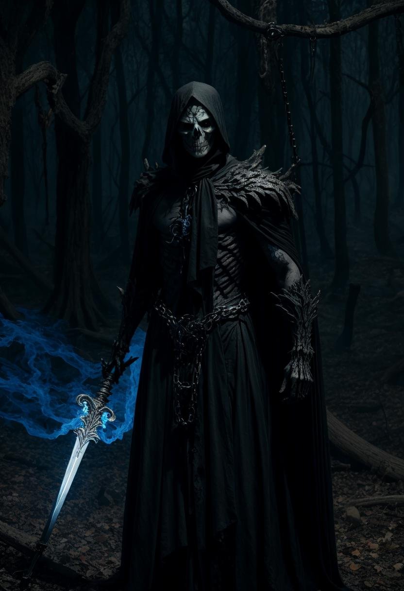 ((best quality)), ((masterpiece)), ((inked)), darkly moody professional photograph by jim lee, night time, ((skeletal)), emaciated, dark twisted haunted corrupted woods, a horrid spectral male lich, ((close up body shot)), evil detailed face, dangling chains, lich king, intricately detailed tattered see through robes of office, black feathered wings, tombstones littered amongst the gnarled leafless trees, jet black bastard sword wreathed in blue spectral flame, burning halo, dark swirling smoke like malevolent energies, ((low hanging volumetric mist))),cinematic Film still from (cannibal holocaust:0.5)|(Scary Stories To Tell In the Dark:0.2)|(doom:0.2)|the void|the lord of the rings