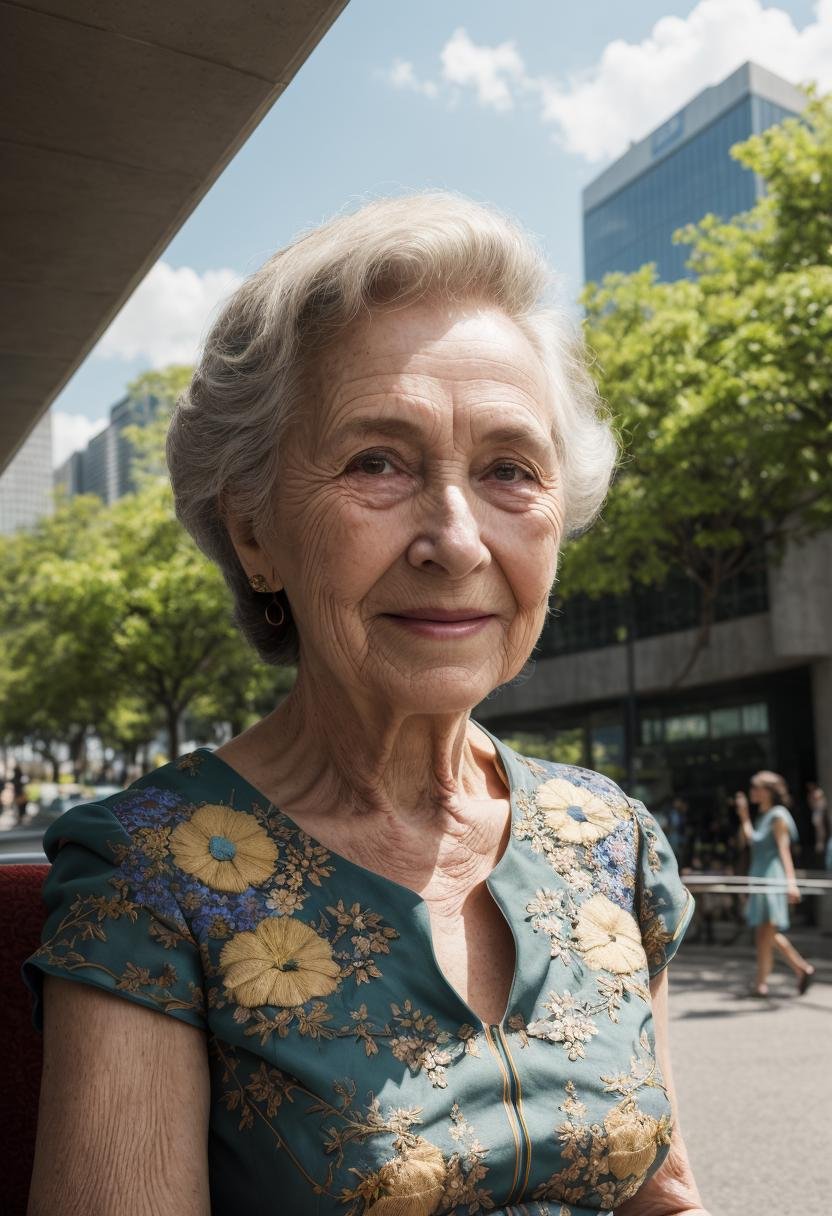 ((best quality)), ((masterpiece)), ((ultra realistic)), 1girl, (smooth detailed utopian futuristic city on a summers day:1.3), (close up body portrait of a elderly lady, sitting on a summer seat, beside a dear, floral embroidered dress:1.5), beautiful portfolio photograph, jubilant old grandmother feeding the ducks in a verdant city street, (pedestrians in the background:1.4), pristine artistic skyscrapers, (beautiful plant life mixed with scifi architecture, flowers, wild life, dears), vast utopian vision, depth of field, professional, 8k, uhd, soft edge lighting, film grain, smooth, roughness, real life, vibrant colors, god rays,  photographed on a Canon EOS R5, 50mm lens, F/2.8, HDR, professional