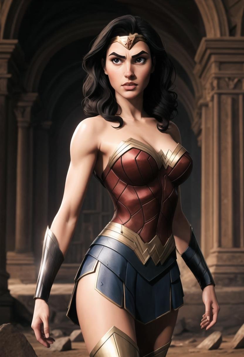 ((ultra intricate details, glossy, smooth, comic style, airbrushed)), ((dynamic sexy action pose)), wonder woman searching ancient roman ruins, toned perfect body, gal gadot|(Jennifer Connelly:0.6), tanned skin, wonder woman outfit, short skirt, thigh boots, crumbling stone work, overgrown, soft edge lighting, highly detailed, ((body portrait)) 