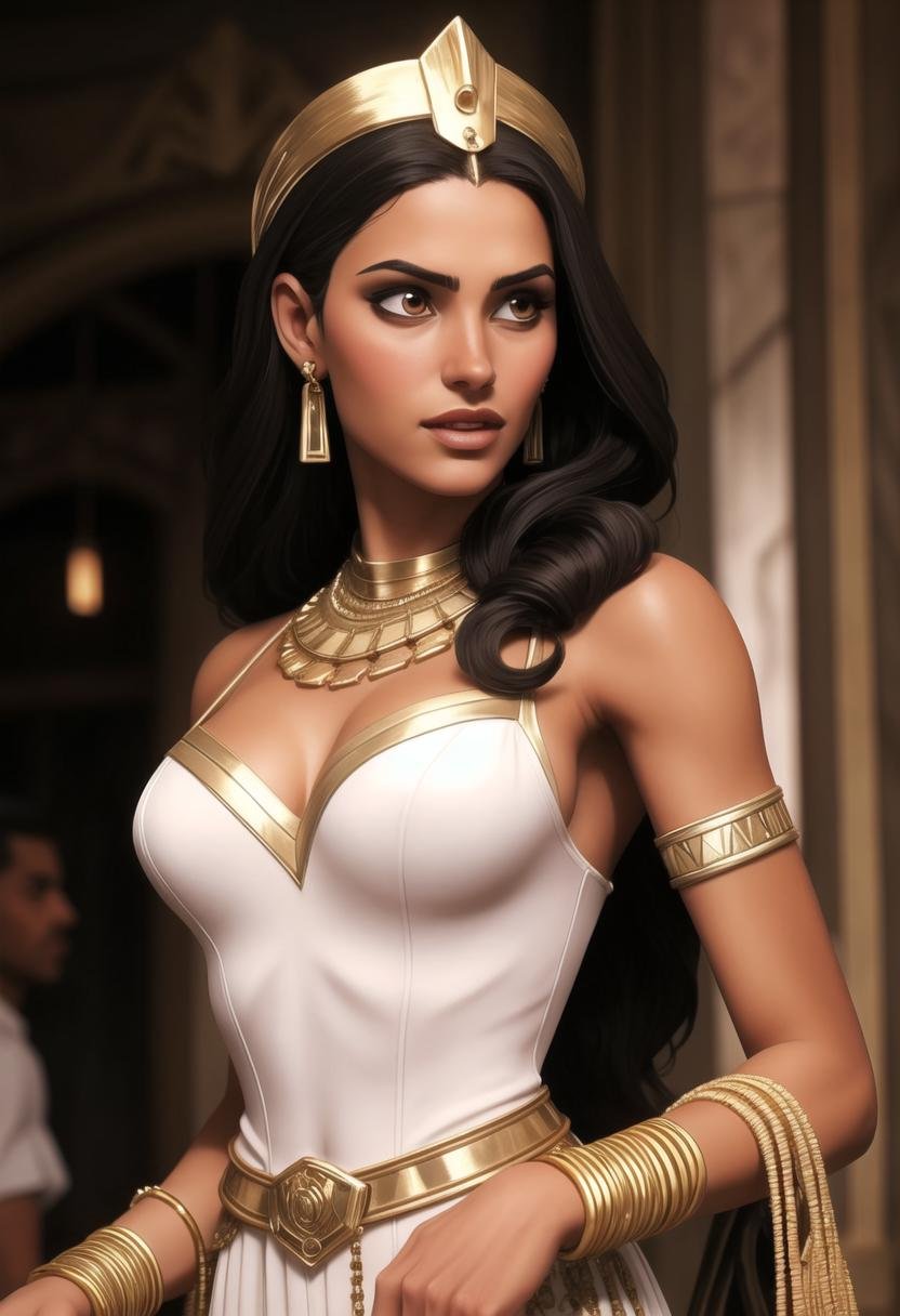 ((ultra intricate details, glossy, smooth, comic style, airbrushed)), (1girl, deep tan), close up body shot, beautiful Egyptian pharaoh Cleopatra walking through a bustling market place, sensual pose, (pharaohs head dress with opulent sheer silk clothing and lavish gold jewelry:1.1), white pyramids in the distance