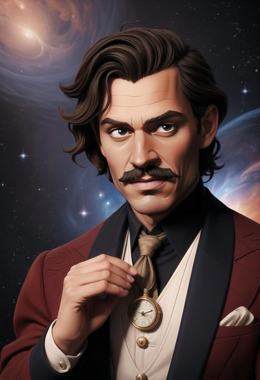 ((ultra intricate details, glossy, smooth, comic style, airbrushed)), (1man), an english businessman wearing a top hat sauntering along the vast and beautiful cosmos, easy smile, mustache, monocle, holding a pocket watch, (professional portrait:1.3), quizzical expression, raised eyebrow, Johnny Depp|henry cavill|Mark Hamill, (fractal galaxies, swirling spiraling rapturous geometric cosmos, breathtakingly beautiful, vibrant colors)