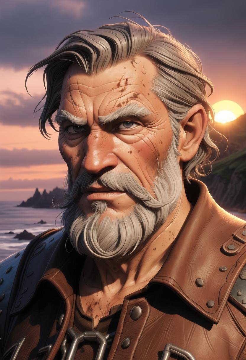 ((ultra intricate details, glossy, smooth, comic style, airbrushed)), an old grizzled medieval viking warrior wearing leather armor, (close up portrait:), (elderly war weary grandfather, filthy, wrinkled dirty skin, grey hair, dried blood), gray bearded, (worn leather armor), (detailed weary eyes), cuts scrapes and grazes, (dramatic rain drenched landscape, ocean channel, rocky cliffs), (sun set, warm colors:1.2), somber, (backlit),