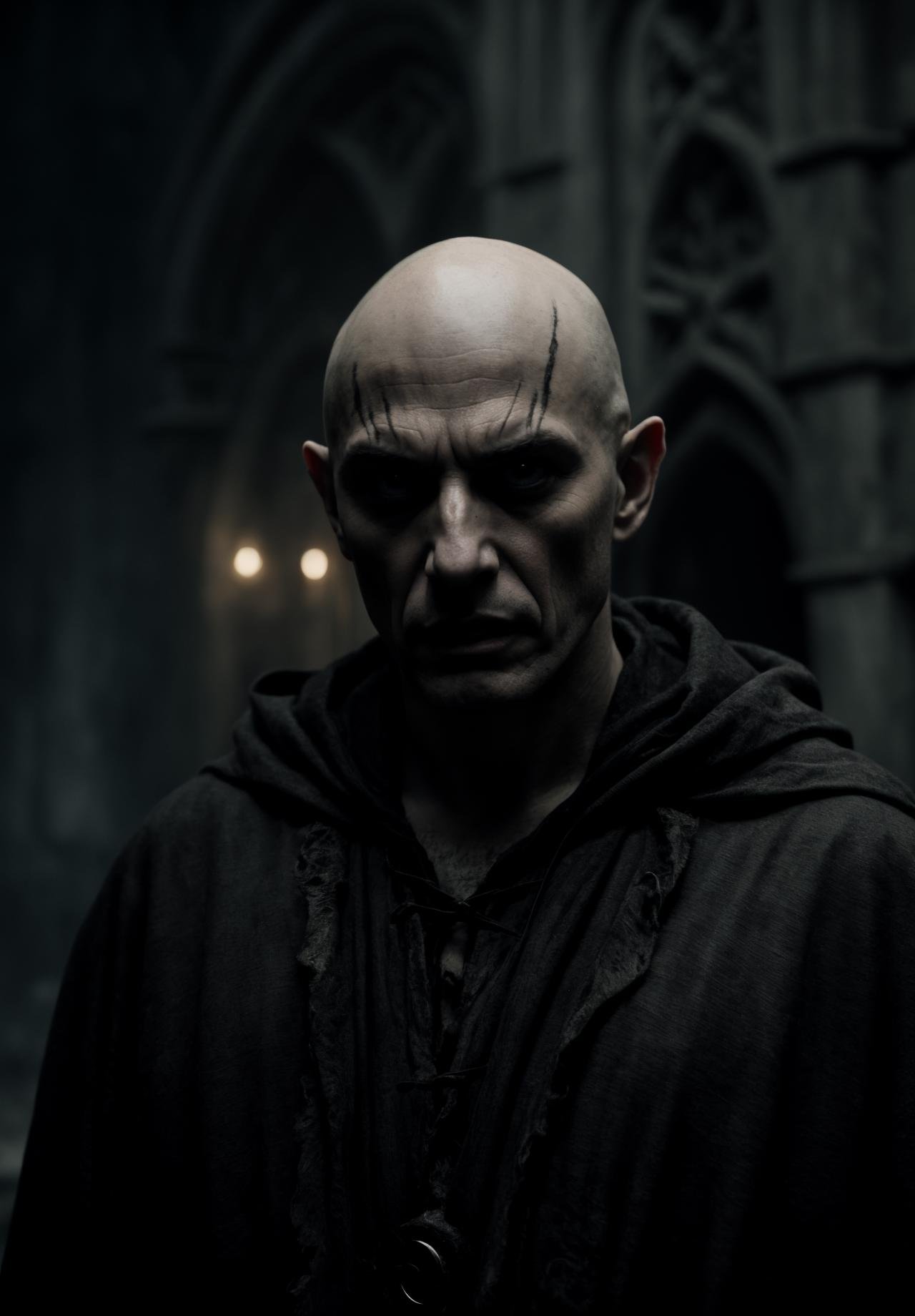 analog, raw, amateur photograph, majestic intricately detailed glamor photograph, night time, bald, terrifying fierce male Nosferatu vampire lord, ,( long fangs, glowing eyes:1.3), tattered robes, dark gothic cathedral interior, detailed background,, dynamic angle, professional, soft lighting, smooth, roughness, real life, cinematic film still from (evil dead:0.4)|(cannibal holocaust:0.1)|game of thrones:0.3)|(vikings:0.3)|Scary Stories To Tell In the Dark|doom|the void, dark fantasy style,