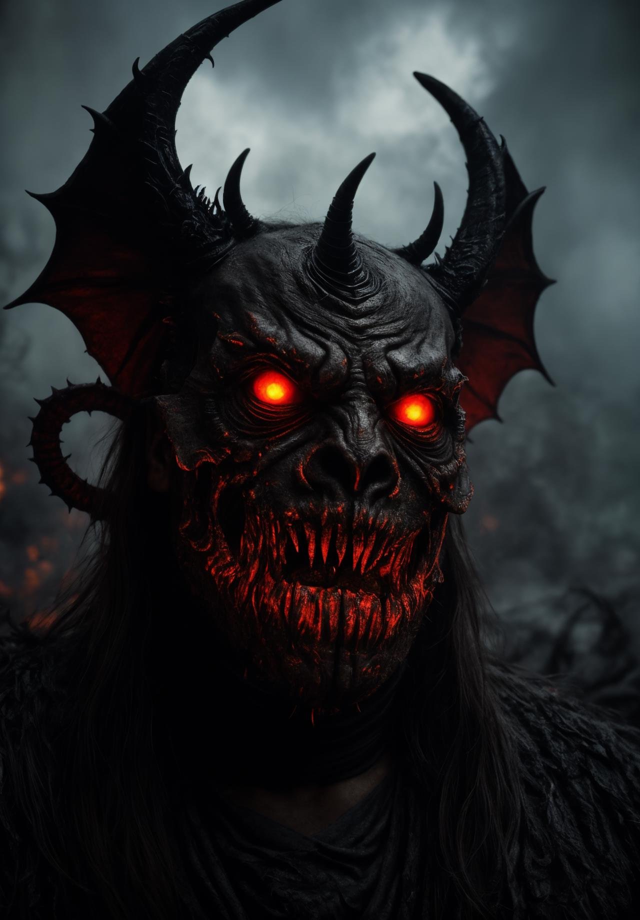 ((dark fantasy style)), majestic intricately detailed portfolio photograph from diablo of a horrifying red-skinned male demon king, (full body portrait:1.3), (detailed monstrous evil face:1.4), screaming, wide spread bat like wings, (detailed scaly skin texture:1.2), long curved horns, (in hell, swirling tormented souls, billowing smoke:1.5), black spiky armor, deep shadows, dynamic angle, professional, soft lighting, smooth, roughness, real life, cinematic Film still from (evil dead:0.4)|Scary Stories To Tell In the Dark|(doom:0.9)|the void