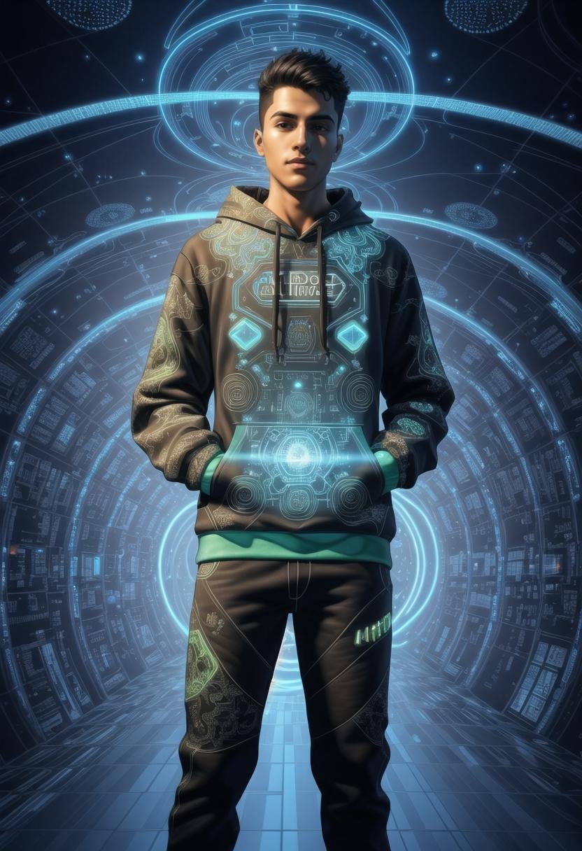 ((ultra intricate details, digital art style, airbrushed)),  (intricately detailed cyber space neon tunnel background:1.3), a young man in cyberspace, hands in his pockets, (kaleidoscopic digital geometry, virtual realities, neon abstract cubic surrealism, digital universe, binary, glowing computer code:1.4), vast digital cyberscape, (wearing normal tattered dirty cloths, hoodie:1.5)