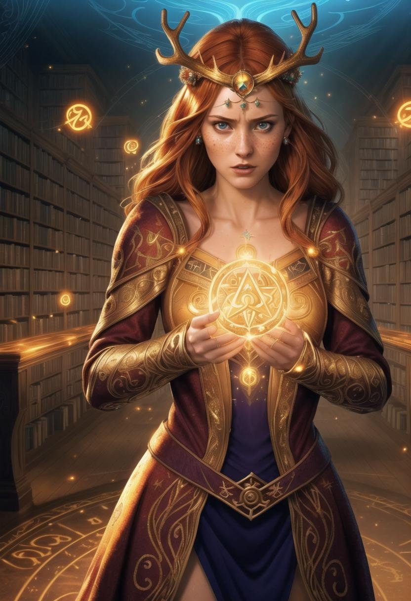 ((ultra intricate details, digital art style, airbrushed)), ((dynamic action pose)), 1girl,  close up upper-body portrait, (a stunningly gorgeous worried ginger sorceress standing in a glowing runic summoning circle:1.3), freckles, detailed mesmerizing eyes, (ornate bejeweled gold crown with antlers:1.2), intricately embroidered luxurious robes, (arcane magical symbols:1.4), (fractals, swirling magical energies everywhere:1.4), Deborah Ann Woll|(Karen Gillan:0.7)|(Emma Watson:0.8), (in a dark arcane library:1.3), (glowing sparks:1.2)