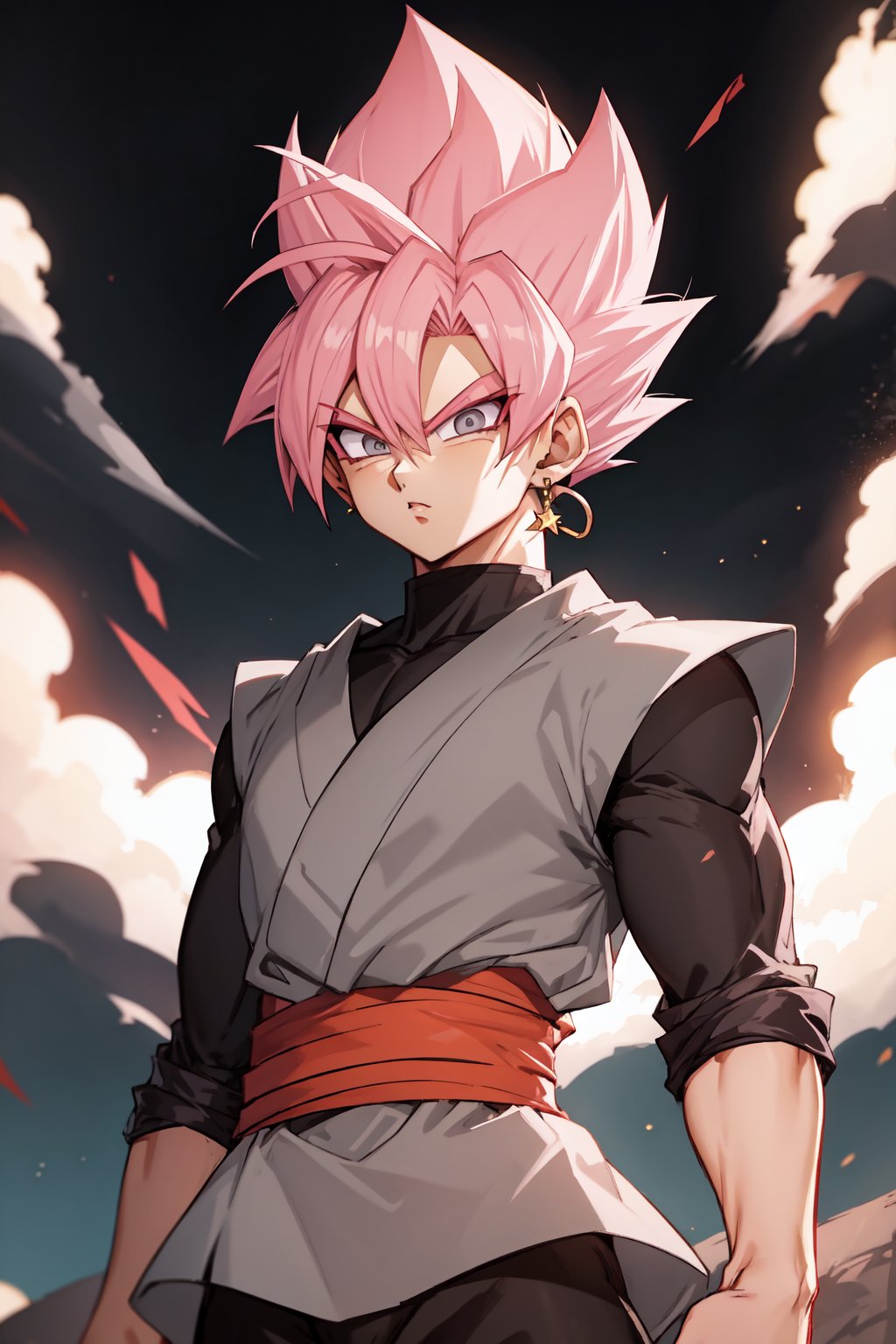 ROSEV2, ((1boy)), solo, ((male focus)), jewelry, earrings, pink hair, grey eyes, spiked hair, sash, super saiyan, dougi