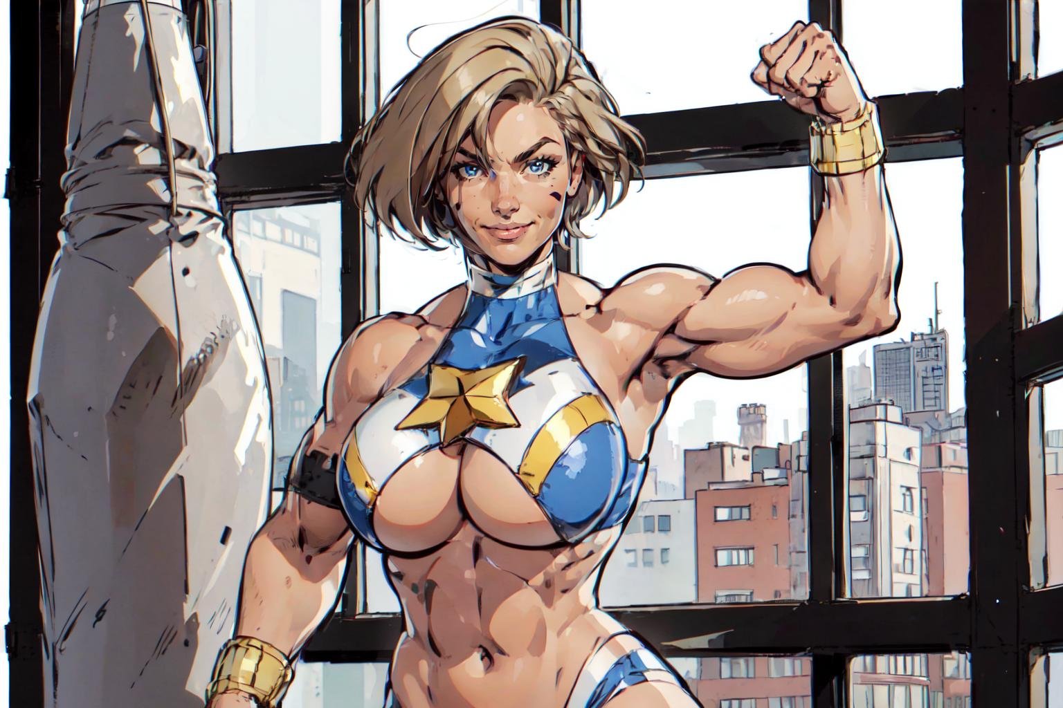 (((upper body, a woman in a boxing ring punching a punching bag, window in background, city outside, smile))), beautiful eyes, beautiful girl, high detail skin, high detail eyes, high detail hair, highres, ultra detailed, sharpen picture, Highly detailed, masterpiece, best quality, photorealistic,<lora:WrestlerLoRA:0.9> 1girl, short hair, armlet, wrestling outfit, halterneck, facial mark, bracelet, knee boots