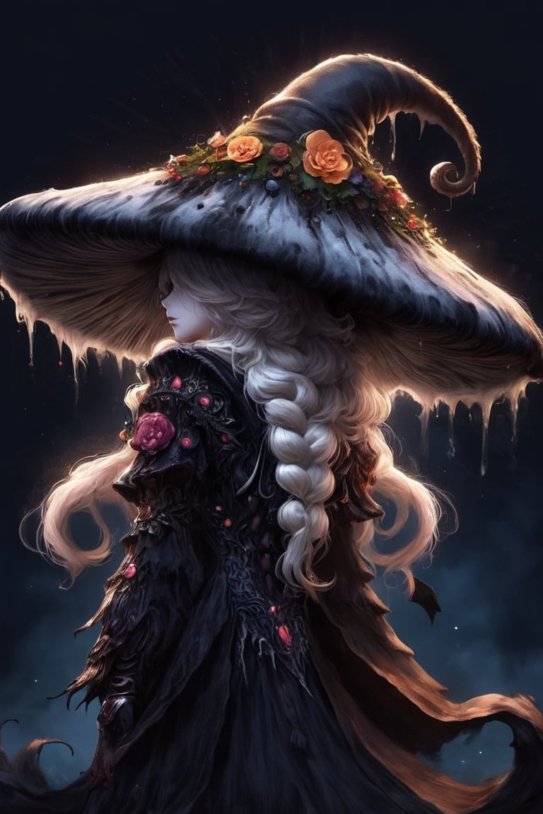 by alena aenami and todd lockwood, sabbas apterus and yoshitaka amano, a witch brewing a potion in a alchemy lab!!!, wearing an inkycapwitchyhat with a dripping brim!! Prominent mushroom-style-gills under the brim, extra wide hat brim, lace detailed sexy dress, holding a smoking potion bottle, stylized smoke, magical glow in mystical fog, herbs hanging to dry, colorful bioluminescence potion bottles carefully arranged on a shelf, scrolls books and knick-knacks, owl perched over the top shelf, mystical mood, atmospheric perspective, soft cinematic light, sharp focus, intricate and complex masterpiece, cgsociety and artstation award-winning concept art style,InkyCapWitchyHat,gilled-brim,Decora_SWstyle,Gilled-Brim