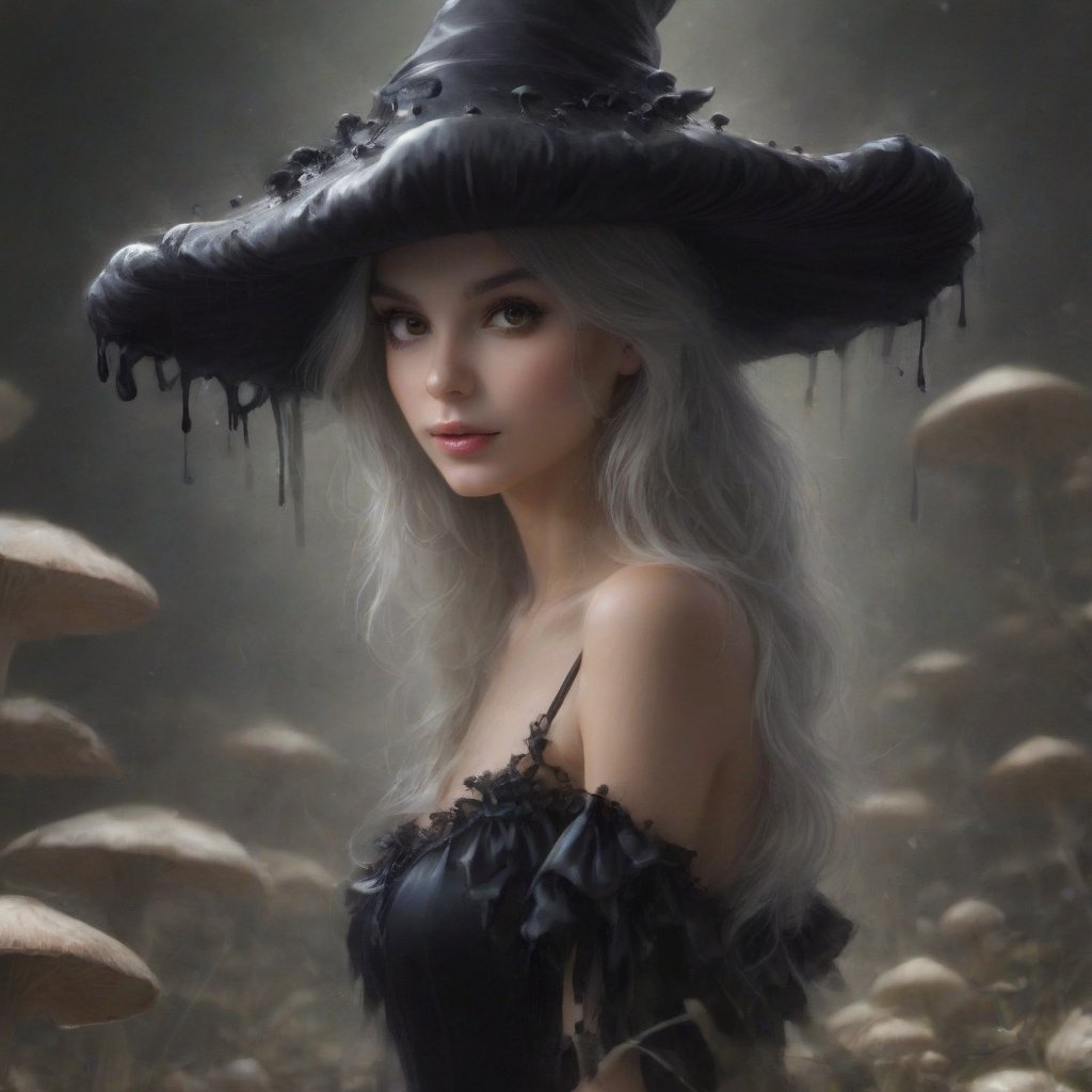 ""Dark romance fantasy, a witch brewing a potion in a alchemy lab, wearing a inkycapwitchy hat that is shaped like a mushroom with prominent gills,, Masterpiece, Intricate, Insanely Detailed, Art by todd lockwood, chris rallis, anna dittmann, Kim Jung Gi, Gregory Crewdson, Yoji Shinkawa, Guy Denning, Textured!!!!, Chiaroscuro!!, actionpainting", best quality, masterpiece,InkyCapWitchyHat, gilled-brim