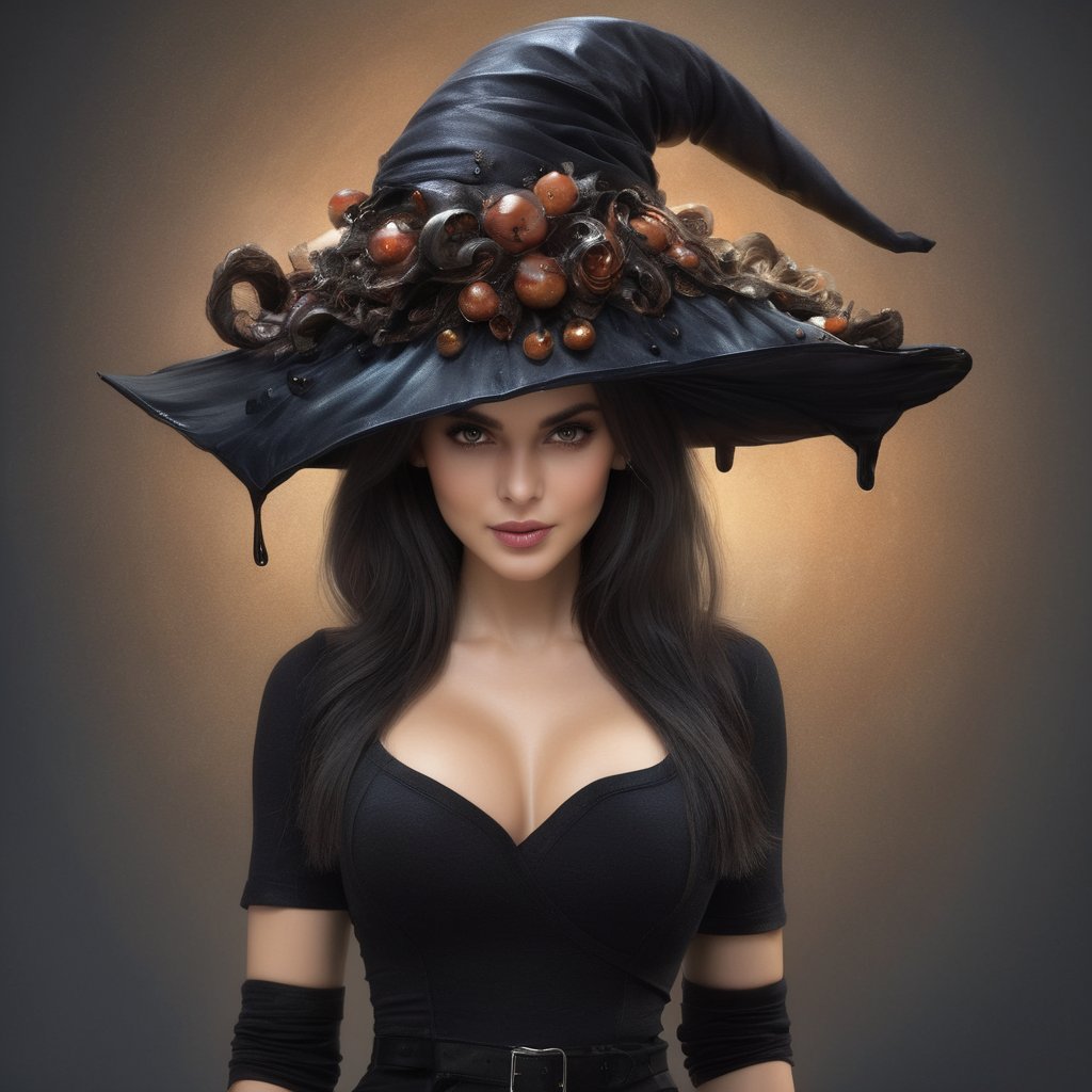 ""Dark romance fantasy, a witch brewing a potion in a alchemy lab!!!, wearing an inkycapmushroom witch hat with an extra wide brim and prominent gills underneath, potion smoke, hanging herbs,, Masterpiece, Intricate, Insanely Detailed, best quality, masterpiece,InkyCapWitchyHat,Gilled-Brim