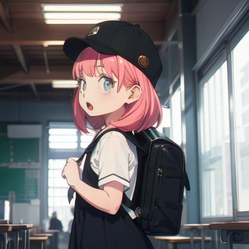 <lora:anya3:1>,anya,school uniform,bag,backpack,1girl,eden academy school uniform,hat,black dress,dress,chromatic aberration,:o,solo focus,from side,open mouth,indoors,black headwear,