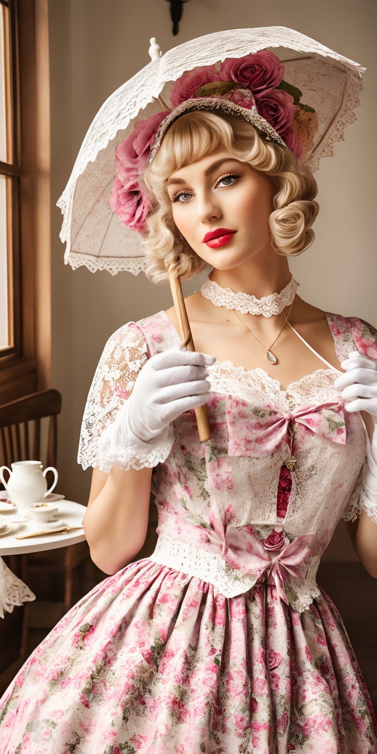  A model in a classic English rose-patterned lolita dress with lace parasol and gloves, enjoying tea and pastries in a vintage tea room. (Style: Vintage, Elegant, High-resolution)
,lolimix,photorealistic,Masterpiece