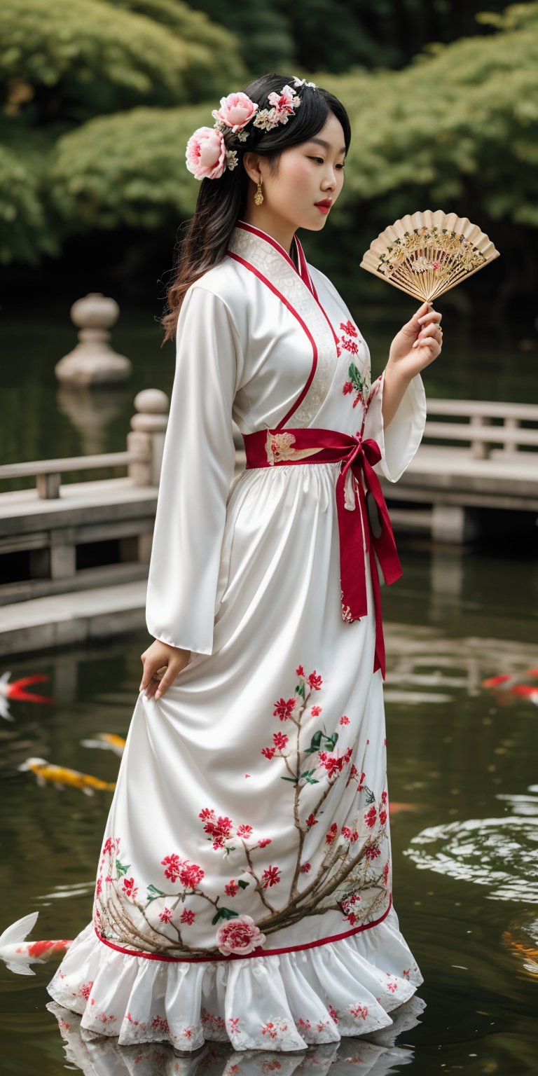  A model in a flowing hanfu-inspired lolita dress embroidered with delicate peonies and phoenixes, holding a silk fan, in a serene Chinese garden with koi ponds. (Style: Traditional, Elegant, High-resolution),lolimix,photorealistic,Masterpiece