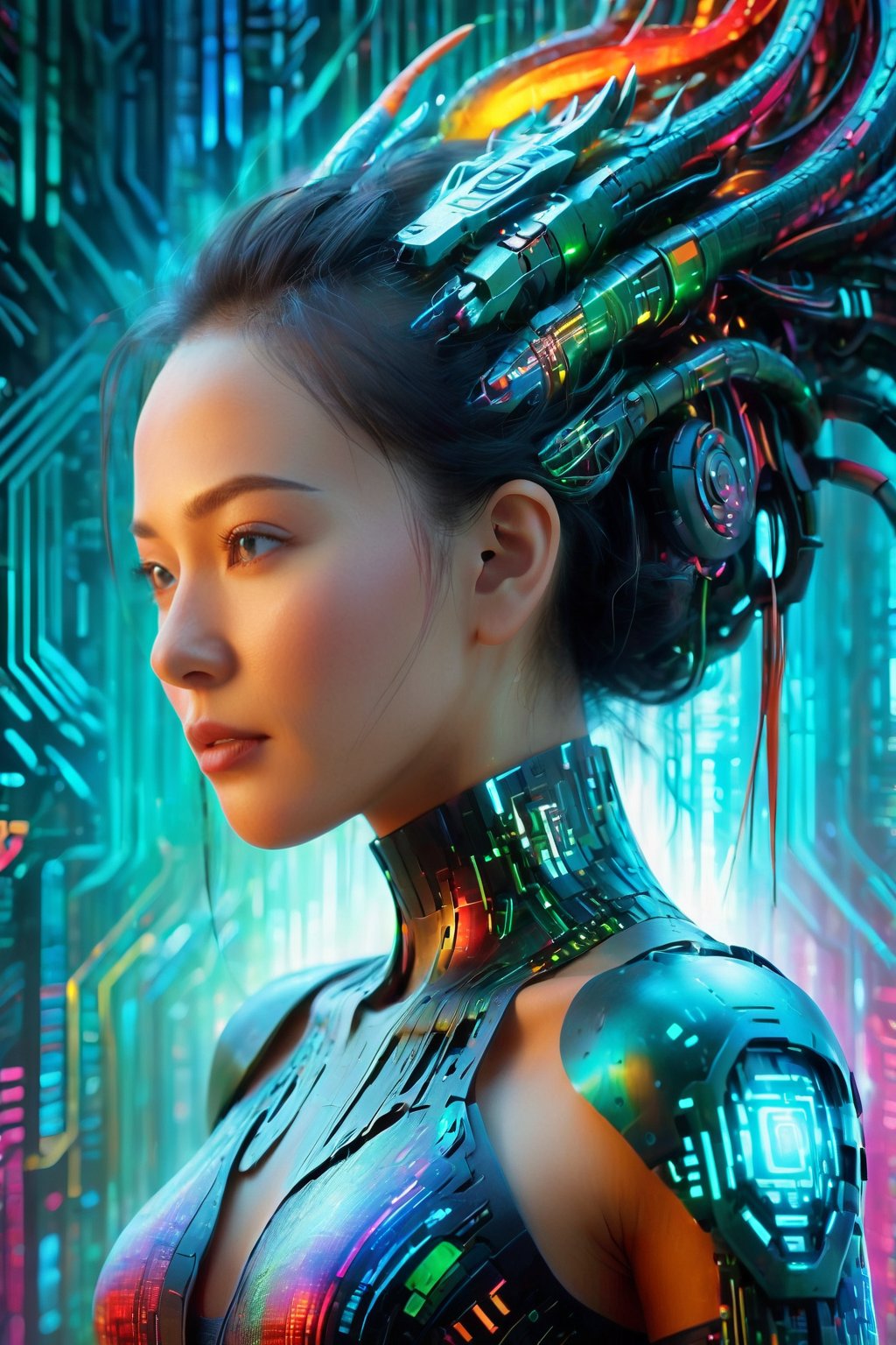 Vibrant Artwork, 8K Resolution, FuturEvoLab Excellence, Colorful Code Weaving Woman's Silhouette, Fusion Of Art And Technology, Spectrum Of Binary Hues, Dynamic Artistic Expression, High Detail, Organic Digital Synthesis, Colorful Binary Code Energy, Mecha, Chinese Dragon, 