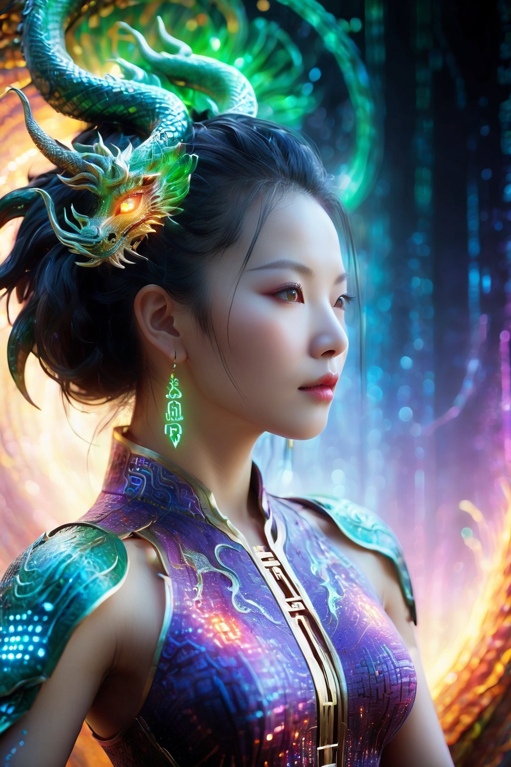 Strong Backlit Particles, Highly detailed Gaia figure, translucent effect:2, mid-shot, playful manipulation, detailed natural backdrop, strong lines, rule of thirds, backlit beauty, ultraviolet light particles, direct eye contact, serene environment, high quality, ethereal presence.,Colorful Binary Code Energy,Chinese Dragon