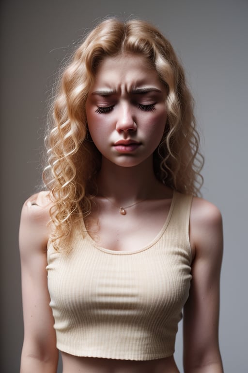 expr3ssions, 1girl, 18 year old, long blonde curly hair, gorgeous, closed eyes, pain, sleeveless top, upper body, facing viewer, 8k uhd, dslr, soft lighting, high quality, film grain