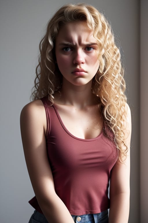 expr3ssions, 1girl, 18 year old, long blonde curly hair, gorgeous, disgusted, sleeveless top, upper body, facing viewer, 8k uhd, dslr, soft lighting, high quality, film grain