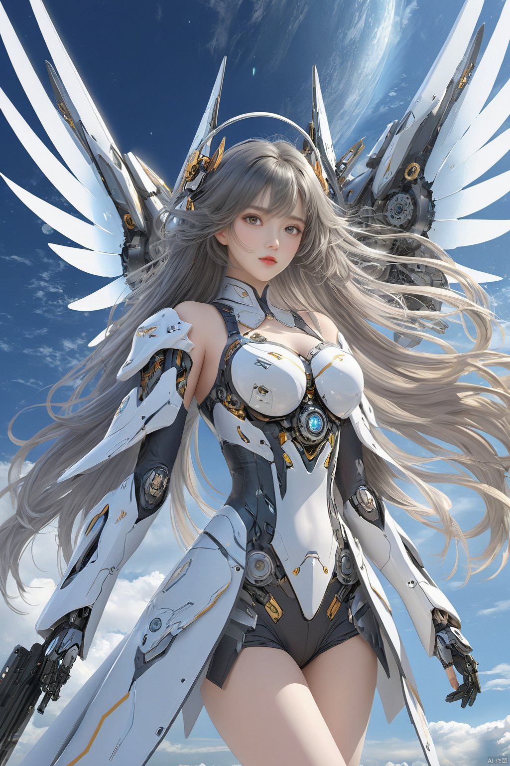  ((masterpiece)), ((best quality)), ((illustration)), extremely detailed,1 girl,mecha clothes,, big breasts,Dark white very_long_hair, scifi hair ornaments, beautiful detailed deep eyes, beautiful detailed sky, cinematic lighting, wind,Mechanical wings