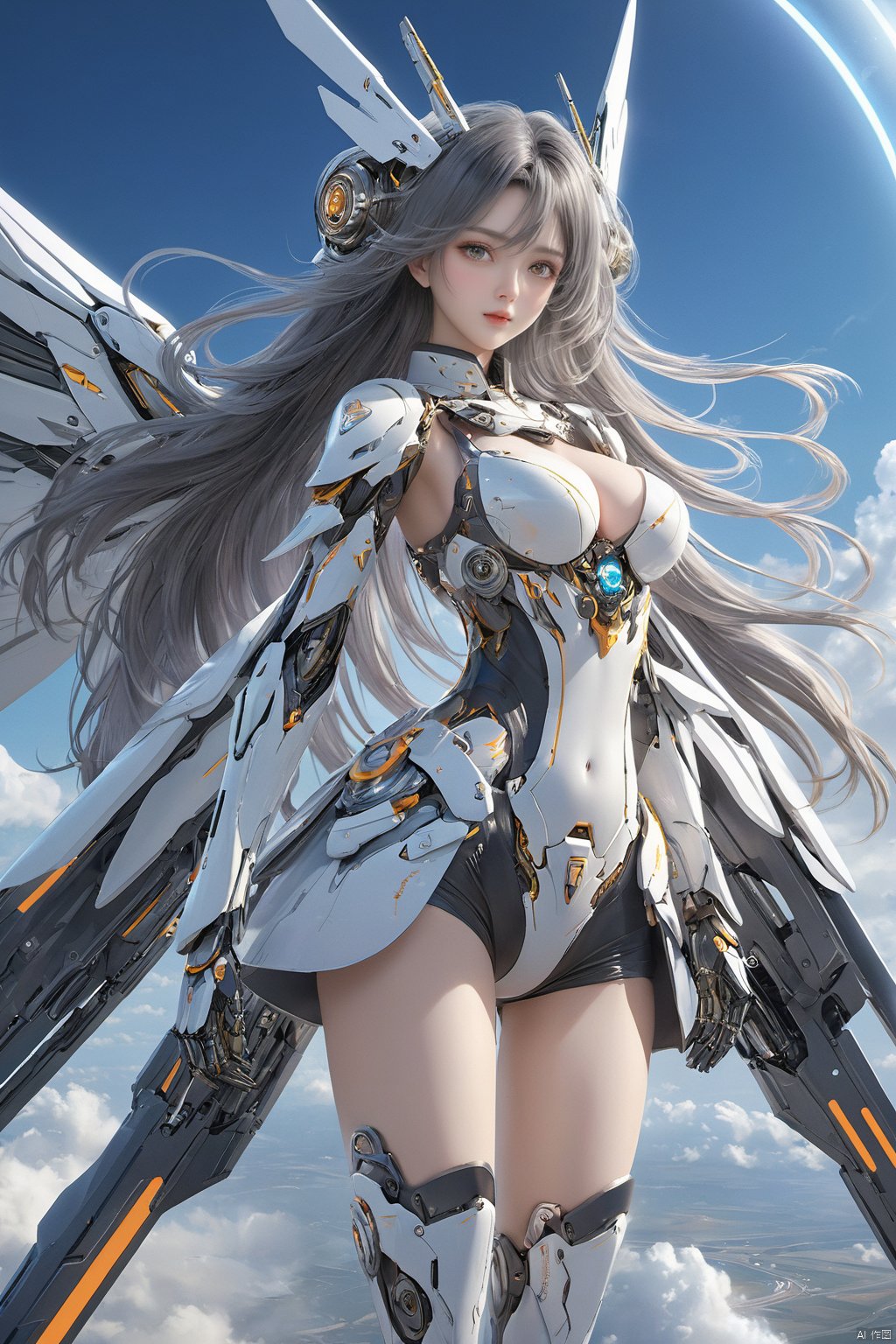  ((masterpiece)), ((best quality)), ((illustration)), extremely detailed,1 girl,mecha clothes,, big breasts,Dark white very_long_hair, scifi hair ornaments, beautiful detailed deep eyes, beautiful detailed sky, cinematic lighting, wind,Mechanical wings