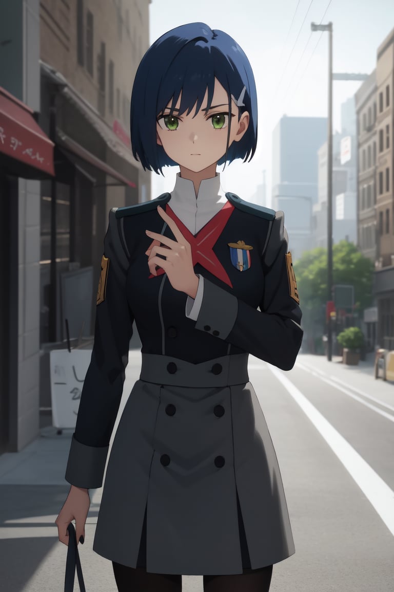 masterpiece, best quality, absurdres, <lora:Ichigo:0.7> Ichigo, green eyes, hairclip, <lora:age_slider_v2:0.4>, <lora:breastsizeslideroffset:-0.2>,, uniform, military uniform,  grey skirt, grey dress, nice hands, perfect hands, <lora:GoodHands-beta2:1>, beaufitul hand, beautiful finger, BREAK outdoors, tele shot, (perfect anatomy), cowboy shot, [Cinematic lighting|Volumetric Lighting], looking at viewer