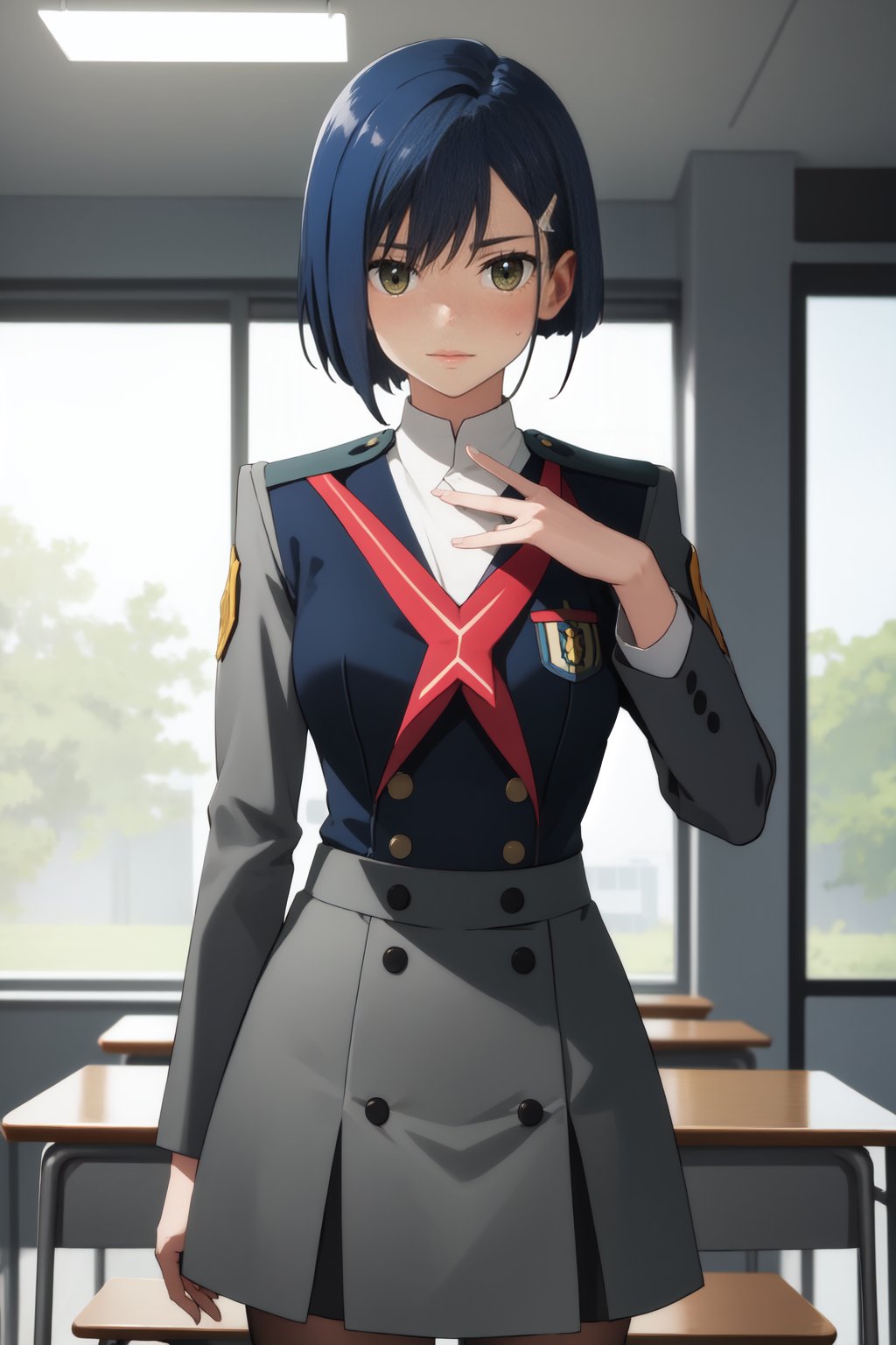 masterpiece, best quality, absurdres, <lora:Ichigo:0.7> Ichigo, green eyes, hairclip, <lora:age_slider_v2:0.4>, <lora:breastsizeslideroffset:-0.2>, uniform, military uniform,  grey skirt, grey dress, nice hands, perfect hands, <lora:GoodHands-beta2:1>, beaufitul hand, beautiful finger, BREAK School, classroom, school chair, school desk, sharp focus, (perfect anatomy), cowboy shot, [Cinematic lighting|Volumetric Lighting], looking at viewer