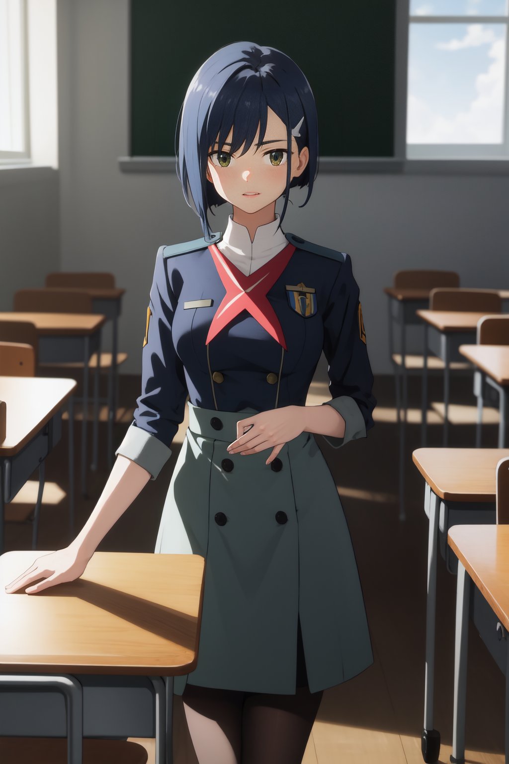 masterpiece, best quality, absurdres, <lora:Ichigo:0.7> Ichigo, green eyes, hairclip, <lora:age_slider_v2:0.4>, <lora:breastsizeslideroffset:-0.2>, uniform, military uniform,  grey skirt, grey dress, nice hands, perfect hands, <lora:GoodHands-beta2:1>, beaufitul hand, beautiful finger, BREAK School, classroom, school chair, school desk, tele shot, (perfect anatomy), cowboy shot, [Cinematic lighting|Volumetric Lighting], looking at viewer