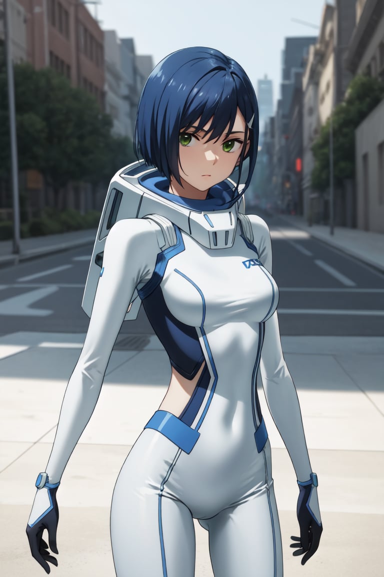 masterpiece, best quality, absurdres, <lora:Ichigo:0.7> Ichigo, green eyes, hairclip, <lora:age_slider_v2:0.4>, <lora:breastsizeslideroffset:-0.2>,, Ichigo-Plugsuit, ploit suit, white bodysuit, skin tight, nice hands, perfect hands, <lora:GoodHands-beta2:1>, beaufitul hand, beautiful finger, BREAK outdoors, sharp focus, (perfect anatomy), cowboy shot, [Cinematic lighting|Volumetric Lighting], looking at viewer