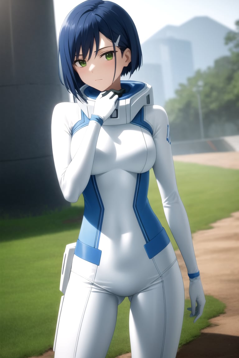 masterpiece, best quality, absurdres, <lora:Ichigo:0.7> Ichigo, green eyes, hairclip, <lora:age_slider_v2:0.4>, <lora:breastsizeslideroffset:-0.2>,, Ichigo-Plugsuit, ploit suit, white bodysuit, skin tight, nice hands, perfect hands, <lora:GoodHands-beta2:1>, beaufitul hand, beautiful finger, BREAK outdoors, tele shot, (perfect anatomy), cowboy shot, [Cinematic lighting|Volumetric Lighting], looking at viewer