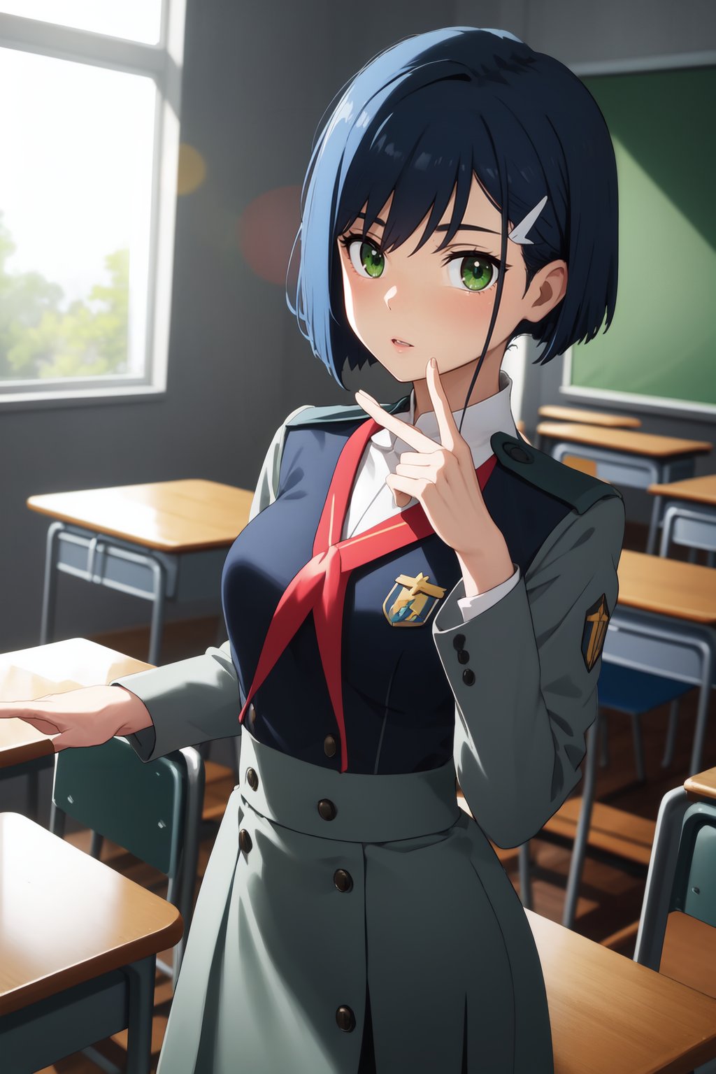 masterpiece, best quality, absurdres, <lora:Ichigo:0.7> Ichigo, green eyes, hairclip, <lora:age_slider_v2:0.4>, <lora:breastsizeslideroffset:-0.2>,, uniform, military uniform,  grey skirt, grey dress, nice hands, perfect hands, <lora:GoodHands-beta2:1>, beaufitul hand, beautiful finger, BREAK School, classroom, school chair, school desk, (Deep Depth Of Field), (perfect anatomy), cowboy shot, [Cinematic lighting|Volumetric Lighting], looking at viewer